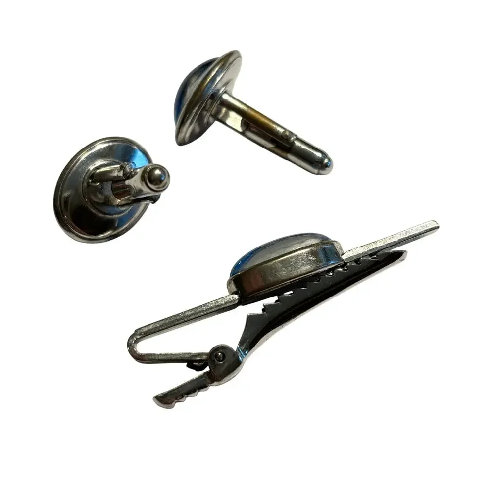 Vintage Anson silver & blue starburst men’s jewelry set cufflinks & tie bar clip